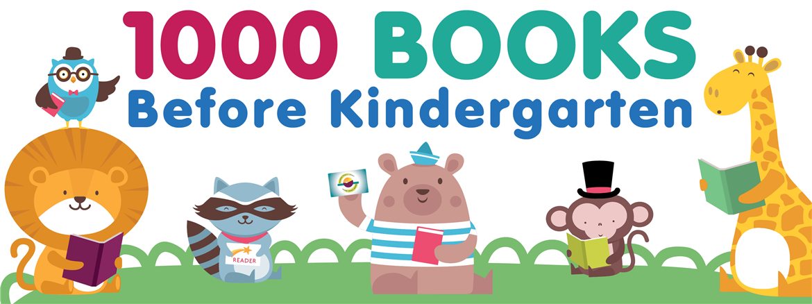 1000 Books Before Kindergarten graphic depicting 6 various cartoon animals reading