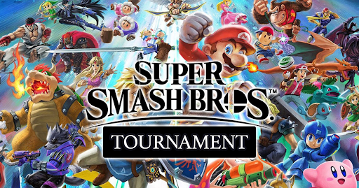 A photo of the Super Smash Bros Opening Image with the word "Tournament" underneath the logo. 