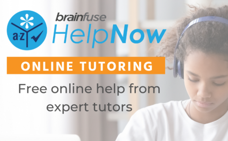 Kids Brainfuse linked image showing young girl with headphones on with the text "Brainfuse helpnow online tutoring. Free online help from expert tutors"